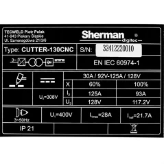 Przecinarka plazmowa Sherman CUTTER 130CNC (do CNC, 3x400V 125A/60%, gr.cięcia 45mm
