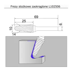 frez 10mm stożkowy zaokrąglony L102506 Sherman Do stali frezy