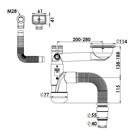 SYFON ZLEWOZMYWAKOWY, BUTELKOWY, POJEDYŃCZY 40/50, PRZYŁĄCZE DO PRALKI I ZMYWARKI