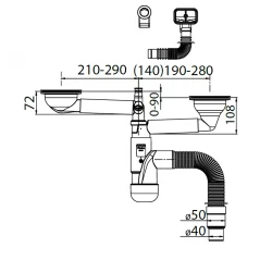 SYFON ZLEWOZMYWAKOWY, BUTELKOWY, PODWÓJNY 40/50, PRZYŁĄCZE DO PRALKI I ZMYWARKI