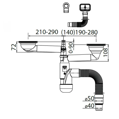 SYFON ZLEWOZMYWAKOWY, BUTELKOWY, PODWÓJNY 40/50, PRZYŁĄCZE DO PRALKI I ZMYWARKI