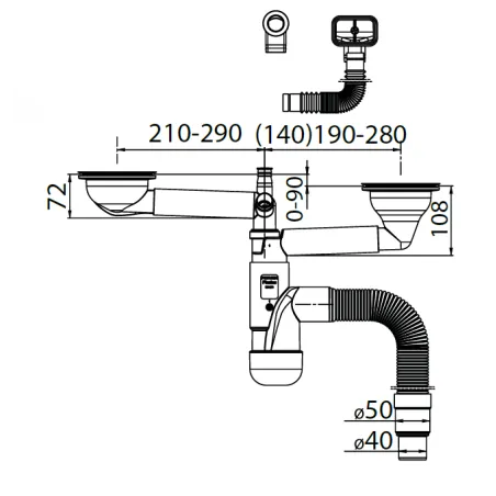 SYFON ZLEWOZMYWAKOWY, BUTELKOWY, PODWÓJNY 40/50, PRZYŁĄCZE DO PRALKI I ZMYWARKI