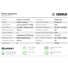 Traktorek Cedrus Starjet UJ 102/22H Loncin LC2P77F NOWA MASKA