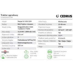 Traktorek Cedrus Starjet UJ 102/22H B&S Intek 7220EXi NOWA MASKA