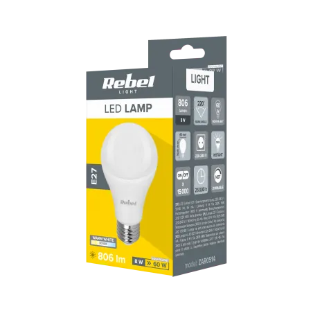 Lampa LED Rebel A60 8W, E27, 3000K, 230V