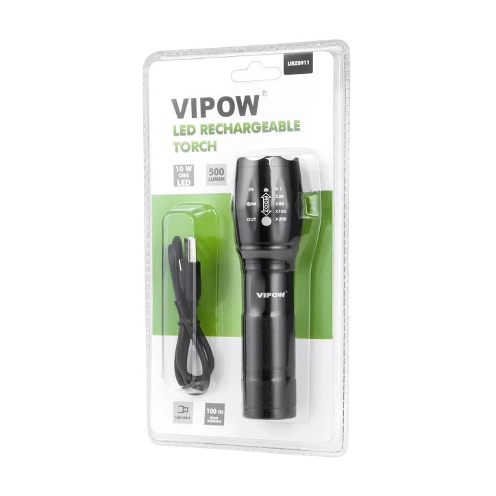 Latarka aluminiowa 10 W z funkcją zoom i kablem micro USB do ładowania Latarka aluminiowa 10 W z funkcją zoom i kablem micro USB do ładowania