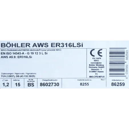 Bohler MIG drut spawalniczy 316LSi chromowo-niklowy 1.2X15kg szpula (cena za 1 szpulę)