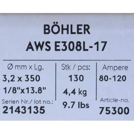 Bohler MMA elektroda spawalnicza chromowo-niklowa 308L 3.2x350/4.4paczka/17.6karton (cena za 1 paczkę)