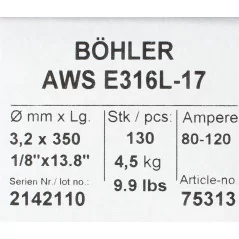 Bohler MMA elektroda spawalnicza chromowo-niklowa 316L 3.2x350/4.5paczka/18.0karton (cena za 1 paczkę)