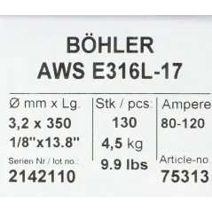 Bohler MMA elektroda spawalnicza chromowo-niklowa 316L 3.2x350/4.5paczka/18.0karton (cena za 1 paczkę)