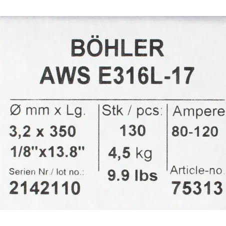 Bohler MMA elektroda spawalnicza chromowo-niklowa 316L 3.2x350/4.5paczka/18.0karton (cena za 1 paczkę)