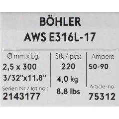 Bohler MMA elektroda spawalnicza chromowo-niklowa 316L 2.5x300/4.0paczka/16.0karton (cena za 1 paczkę)