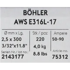 Bohler MMA elektroda spawalnicza chromowo-niklowa 316L 2.5x300/4.0paczka/16.0karton (cena za 1 paczkę)