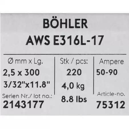 Bohler MMA elektroda spawalnicza chromowo-niklowa 316L 2.5x300/4.0paczka/16.0karton (cena za 1 paczkę)