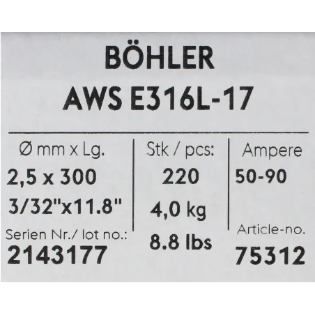 Bohler MMA elektroda spawalnicza chromowo-niklowa 316L 2.5x300/4.0paczka/16.0karton (cena za 1 paczkę)