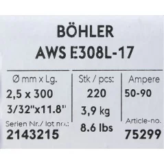 Bohler MMA elektroda spawalnicza chromowo-niklowa 308L 2.5x300/3.9paczka/15.6karton (cena za 1 paczkę)