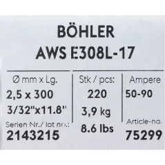 Bohler MMA elektroda spawalnicza chromowo-niklowa 308L 2.5x300/3.9paczka/15.6karton (cena za 1 paczkę)