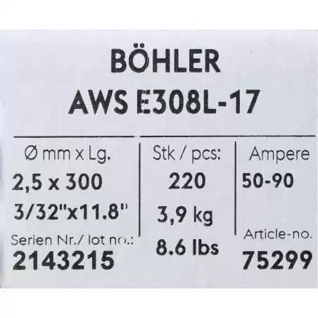 Bohler MMA elektroda spawalnicza chromowo-niklowa 308L 2.5x300/3.9paczka/15.6karton (cena za 1 paczkę)