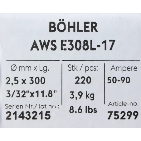 Bohler MMA elektroda spawalnicza chromowo-niklowa 308L 2.5x300/3.9paczka/15.6karton (cena za 1 paczkę)