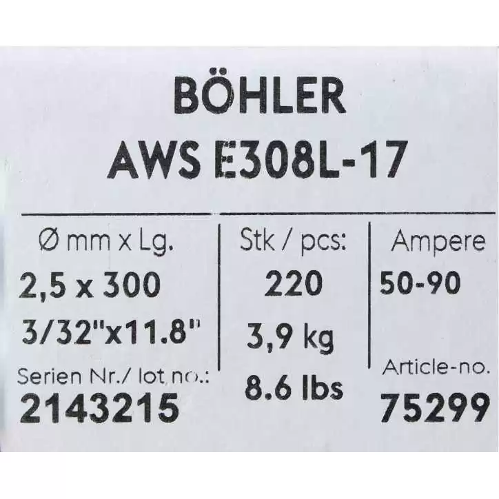 Bohler MMA elektroda spawalnicza chromowo-niklowa 308L 2.5x300/3.9paczka/15.6karton (cena za 1 paczkę) Bohler MMA elektroda spawalnicza chromowo-niklowa 308L 2.5x300/3.9paczka/15.6karton (cena za 1 paczkę)