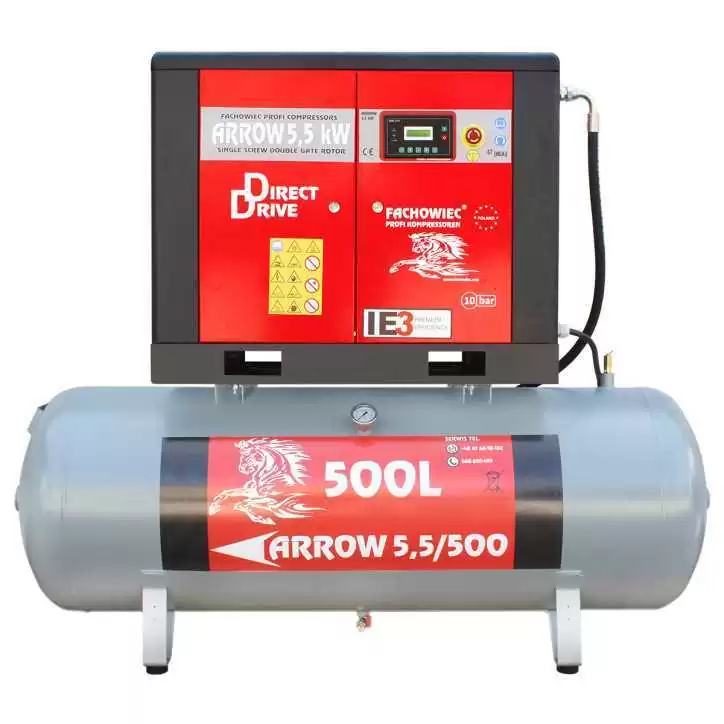 Sprężarka śrubowa Profi Kompressoren ARROW 5.5kW/500L zestaw na zbiorniku poziomym