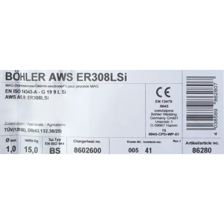 Bohler MIG drut spawalniczy 308LSi chromowo-niklowy 1.0X15kg szpula (cena za 1 szpulę)
