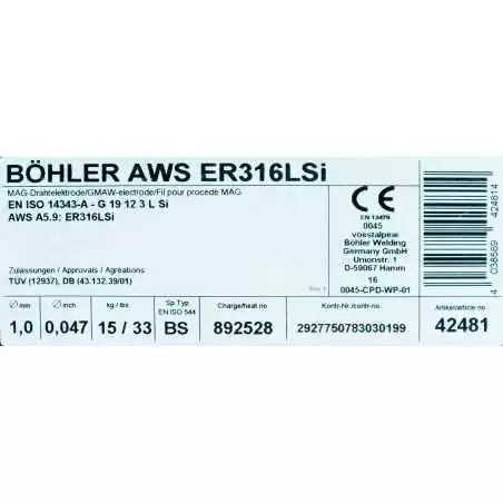 Bohler MIG drut spawalniczy 316LSi chromowo-niklowy 1.0X15kg szpula (cena za 1 szpulę)