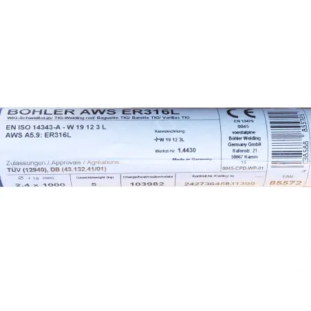 Bohler TIG drut spawalniczy pręt TIG 316L chromowo-niklowy 2.4x1000/opk. 5kg (cena za 1kg)