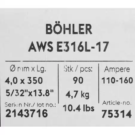 Bohler MMA elektroda spawalnicza chromowo-niklowa 316L 4.0x350/4.7paczka/18.8karton (cena za 1 paczkę)