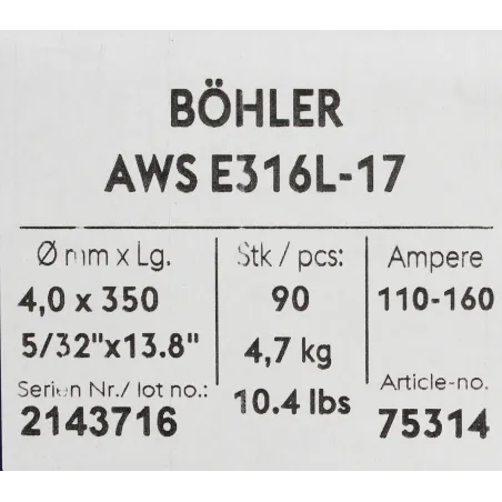 Bohler MMA elektroda spawalnicza chromowo-niklowa 316L 4.0x350/4.7paczka/18.8karton (cena za 1 paczkę)