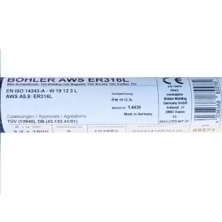 Bohler TIG drut spawalniczy pręt TIG 316L chromowo-niklowy 3.2x1000/opk. 5kg (cena za 1kg)