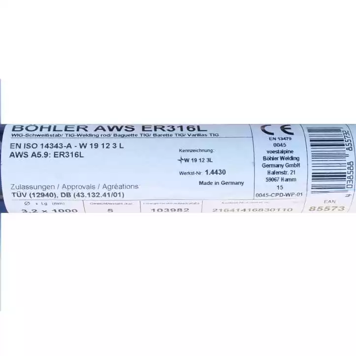 Bohler TIG drut spawalniczy pręt TIG 316L chromowo-niklowy 3.2x1000/opk. 5kg (cena za 1kg) Bohler TIG drut spawalniczy pręt TIG 316L chromowo-niklowy 3.2x1000/opk. 5kg (cena za 1kg)