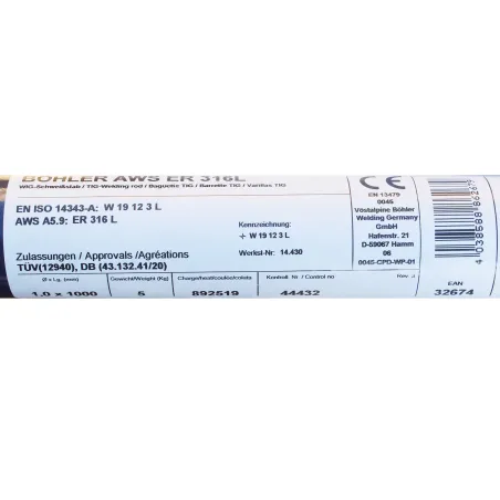 Bohler TIG drut spawalniczy pręt TIG 316L chromowo-niklowy 1.0x1000/opk. 5kg (cena za 1kg)