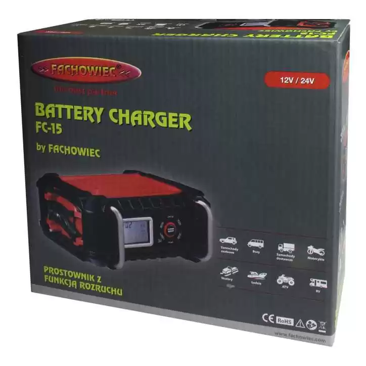 Mikroprocesorowy prostownik do akumulatorów samochodowych z funkcją boost 12V/24V FC-15 Mikroprocesorowy prostownik do akumulatorów samochodowych z funkcją boost 12V/24V FC-15