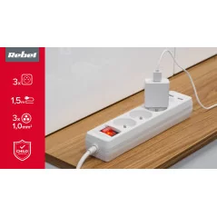 Przedłużacz sieciowy Rebel 3 gniazda + 2 gniazda USB z wyłącznikiem - 1.5m