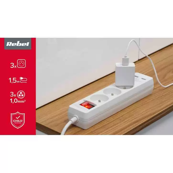 Przedłużacz sieciowy Rebel 3 gniazda + 2 gniazda USB z wyłącznikiem - 1.5m