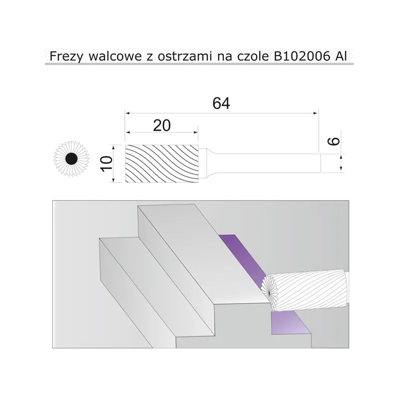 frez 10mm AL walcowy z ostrzami na czole B102006AL frez 10mm AL walcowy z ostrzami na czole B102006AL