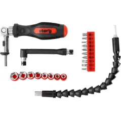 Zestaw wkrętak z grzechotką, końcówki, nasadki, przedłużka, 21 szt.