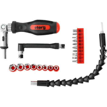 Zestaw wkrętak z grzechotką, końcówki, nasadki, przedłużka, 21 szt.