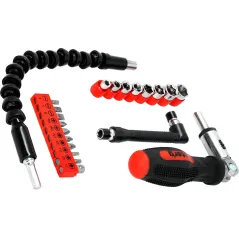 Zestaw wkrętak z grzechotką, końcówki, nasadki, przedłużka, 21 szt.