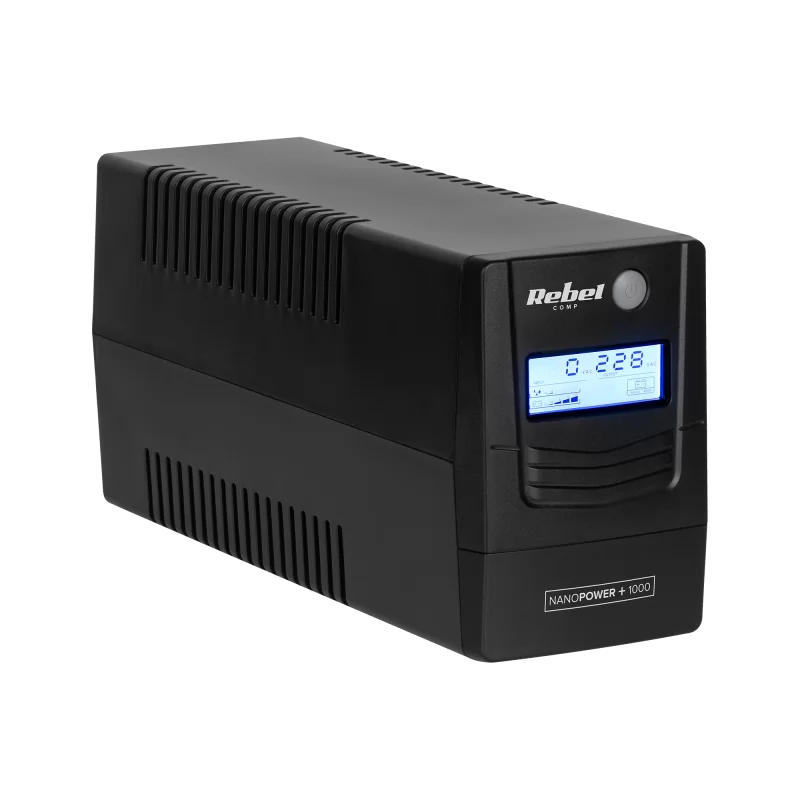 Zasilacz awaryjny komputerowy UPS REBEL model Nanopower Plus 1000 ( offline, 1000VA / 600W , 230 V , 50Hz , LCD , USB , RJ45 )