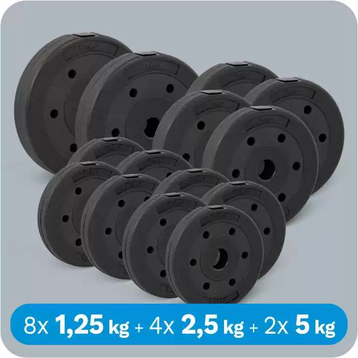 Zestaw obciążeń bitumicznych 30kg ( 8x1.25kg + 4x2.5kg + 2x5kg ), otwór 31mm, REBEL ACTIVE