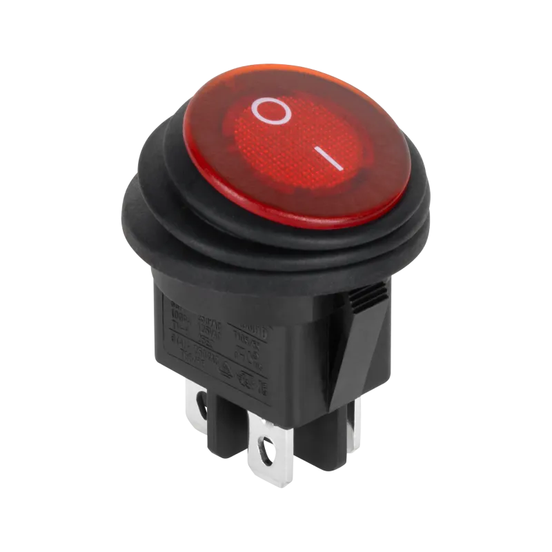 Złącze przełącznik kołyskowy okrągły 0-1 czerwony 4 piny IP65