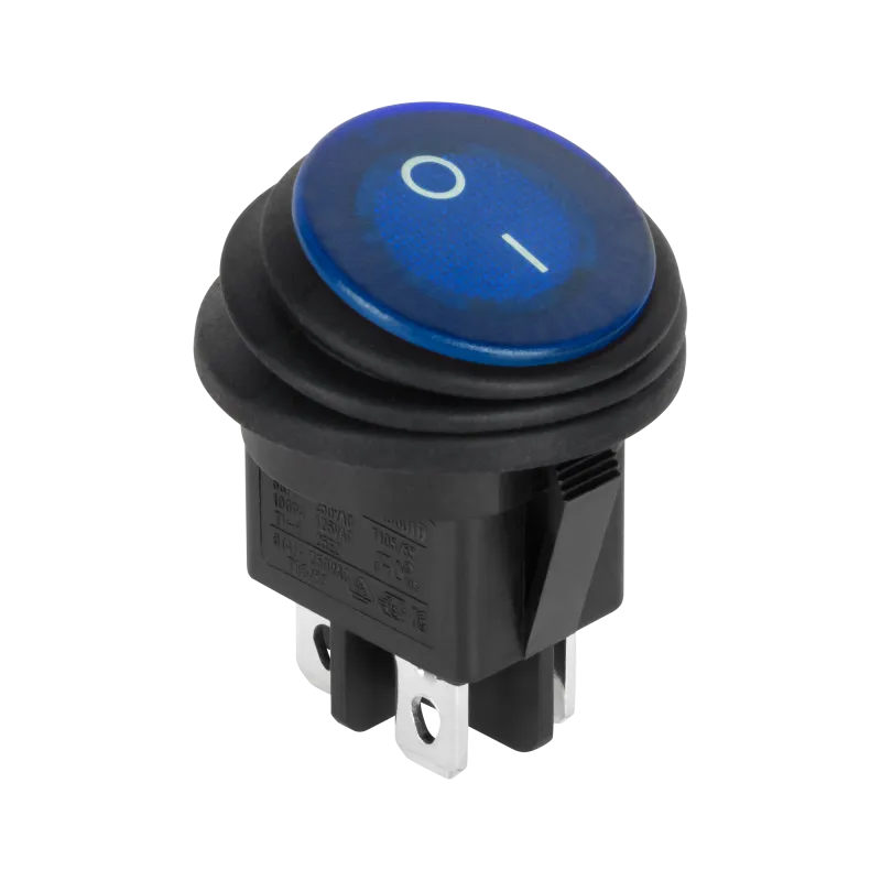 Złącze przełącznik kołyskowy okrągły 0-1 niebieski 4 piny IP65