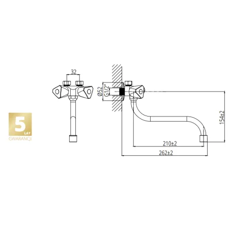 Bateria do podgrzewacza wylewka L-21cm z napowietrzaczem, przyłącze 1/2 cala, rurka DN10mm, typ B3 Duro