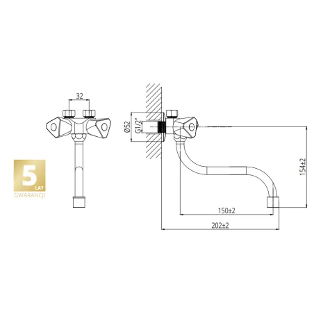 Bateria do podgrzewacza wylewka L-15cm z napowietrzaczem, przyłącze 1/2", rurka DN10mm, typ B1 Duro