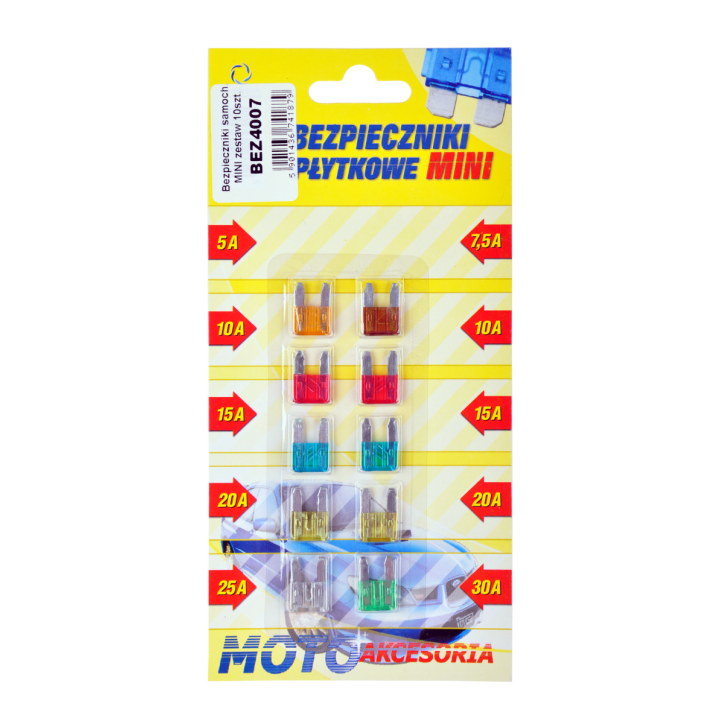Bezpieczniki samochodowe MINI zestaw 10szt. Bezpieczniki samochodowe MINI zestaw 10szt.