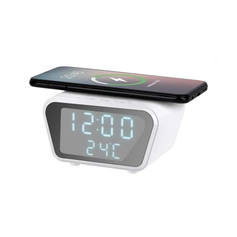 Cyfrowy zegar-budzik z ładowarką indukcyjną (biały)