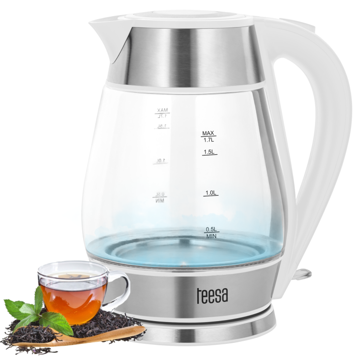 Czajnik elektryczny TEESA, szklany + inox, 2200 W, biały, 1,7 L Czajnik elektryczny TEESA, szklany + inox, 2200 W, biały, 1,7 L