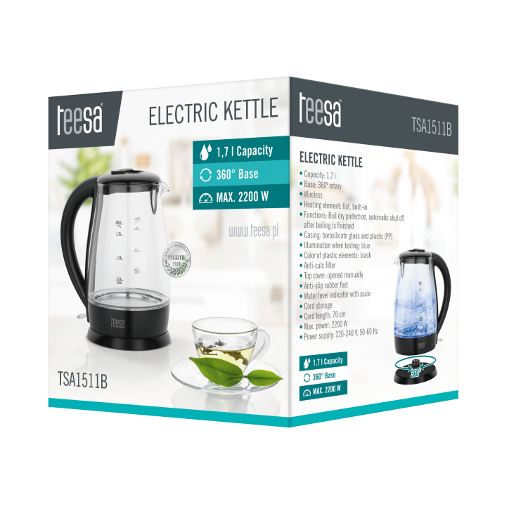 Czajnik elektryczny TEESA, szklany, 2200 W, czarny, 1,7 L Czajnik elektryczny TEESA, szklany, 2200 W, czarny, 1,7 L